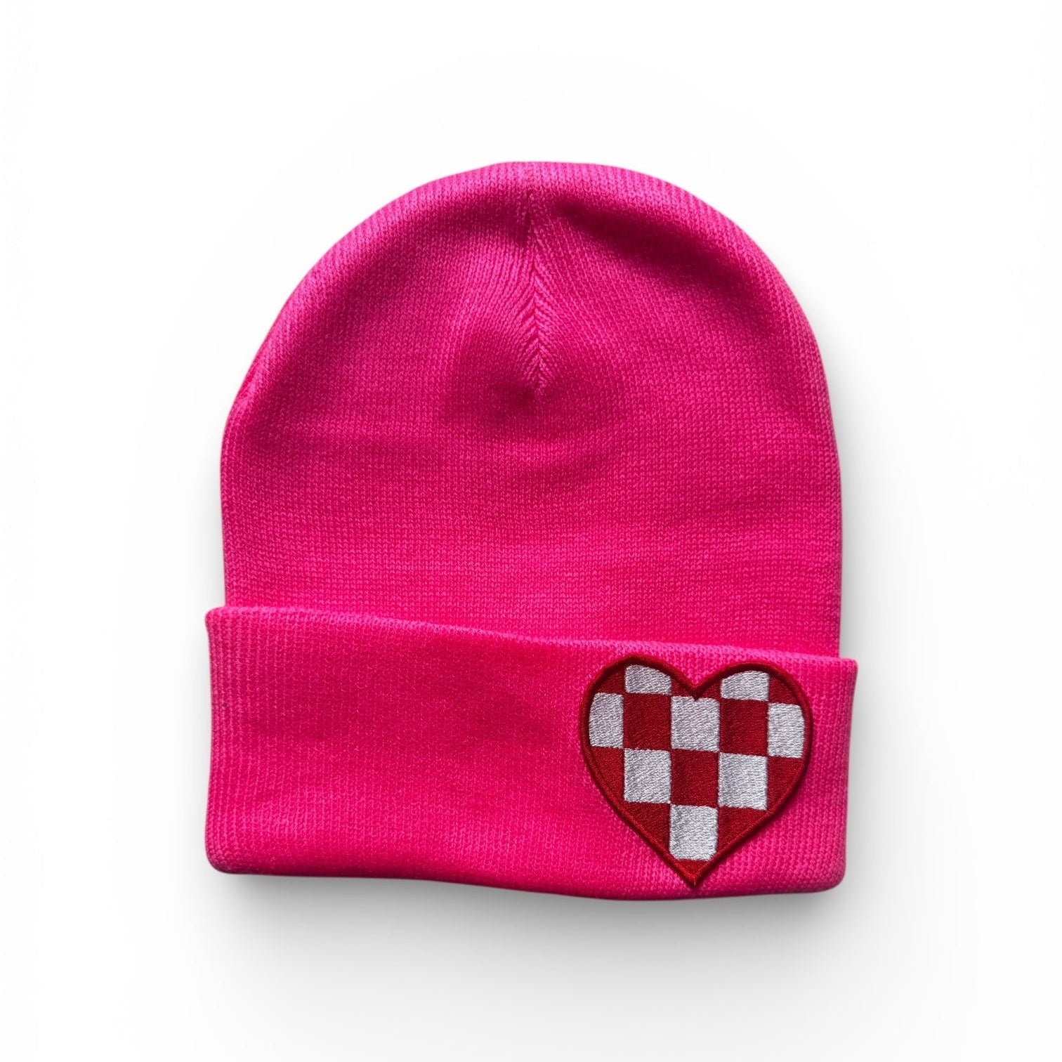 Hot Pink Beanie with Red Checkered Heart Patch – B&C Unique 