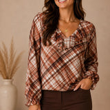 Plaid Ruffle Peasant Sleeve Top