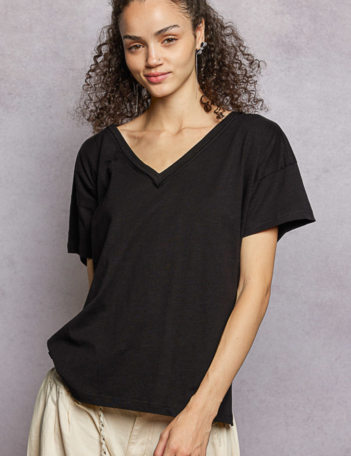 V Neck Basic Tee with Hi Low Hem