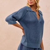 Ribbed Collared V Neck Short Set