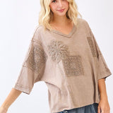 Crochet Patch Oversized V-neck Top