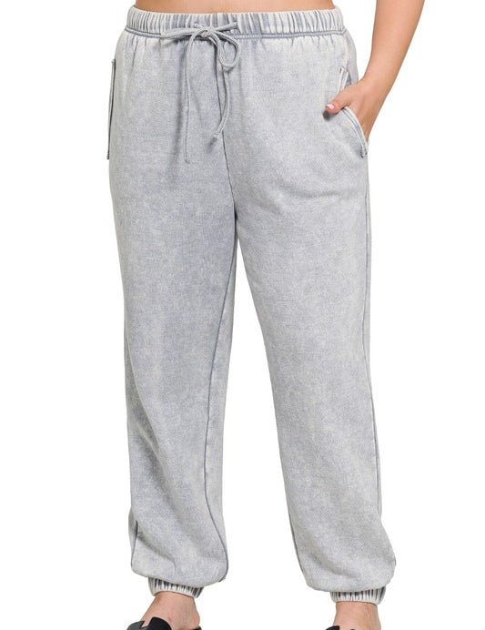 Acid Washed Fleece Sweatpants with Pockets