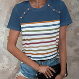 Striped Top with Button Sleeve Detail