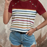 Striped Top with Button Sleeve Detail