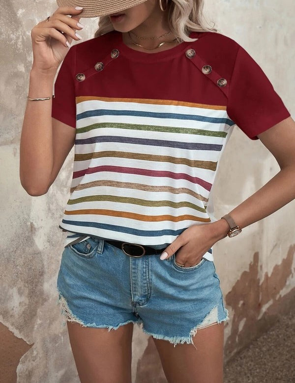 Striped Top with Button Sleeve Detail
