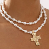 Layered Pearl Beaded Cross Necklace