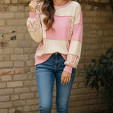 Floral Print French Terry Color Block Pullover