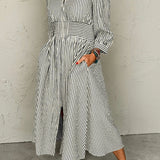 Cinched High Waist Stripe Midi Dress