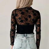 Black Lace Mesh Long Sleeve Top
