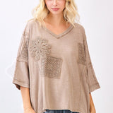 Crochet Patch Oversized V-neck Top