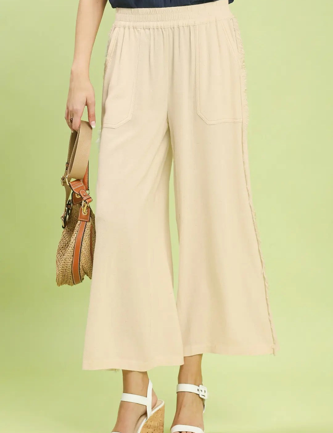 Linen Frayed Side Pocket Wide Leg Pants