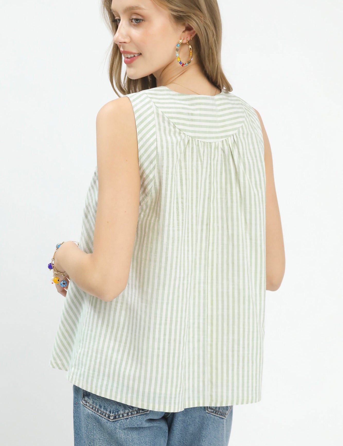 Mixed Stripe Sleeveless V-Neck Top