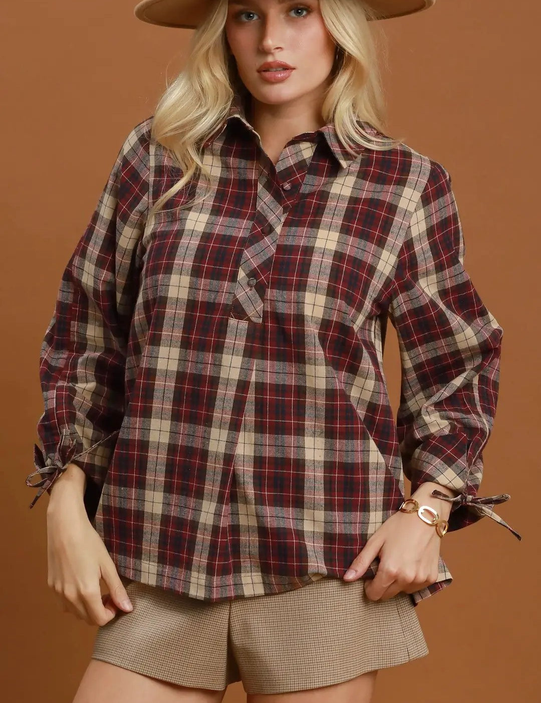 Mix Plaid Button-Front Blouse