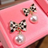 Checker Bow Pearl Drop Earrings