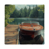 Classic Wooden Boat Docked Ceramic Coaster