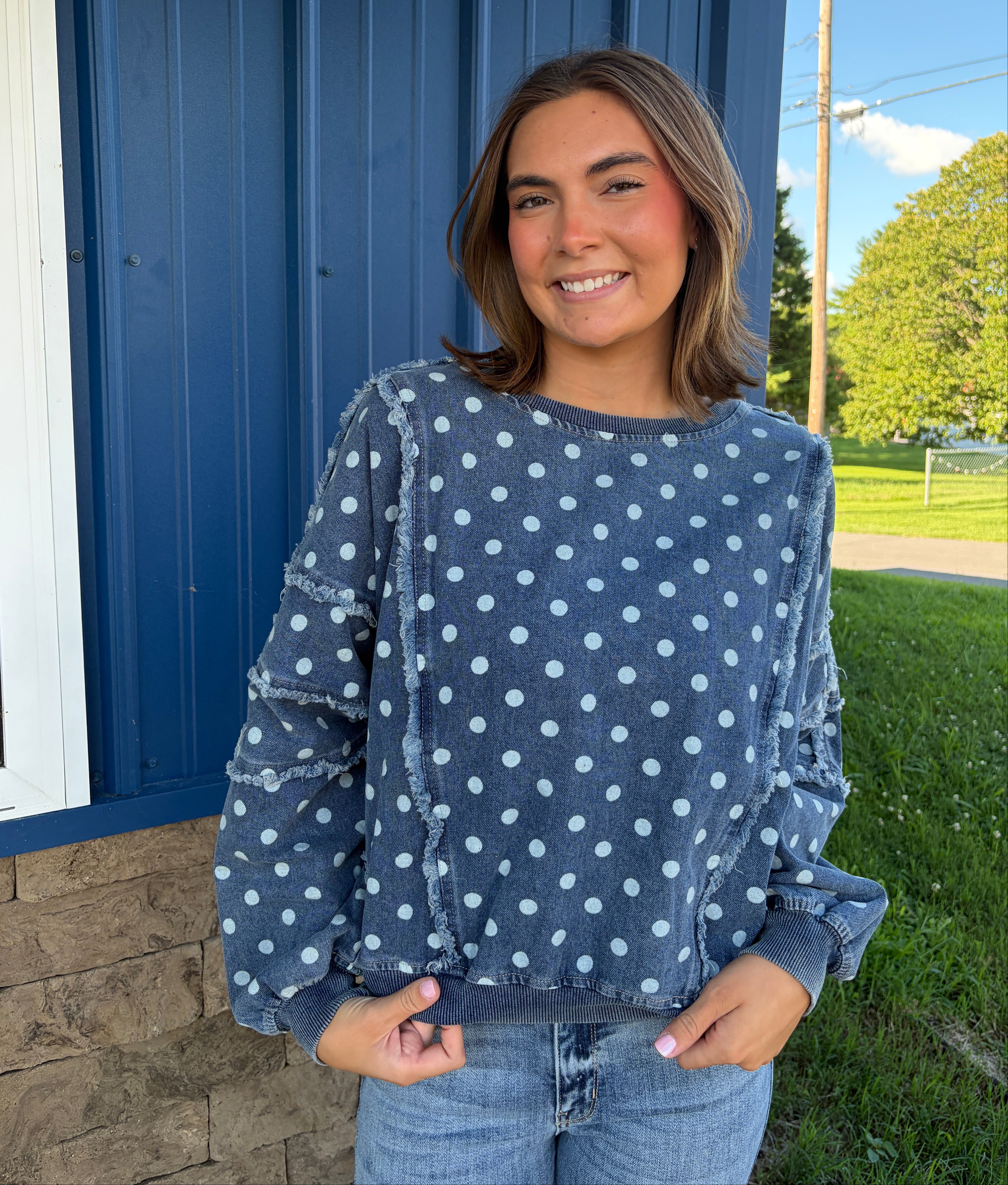 Polka Dot Denim Top