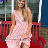 Stripped Linen Washed Ruffled Dress