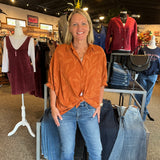 Jacquard Textured Leaf Button-Down Blouse