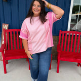 Waffle Knit Stripe Patchwork 3/4 Sleeve