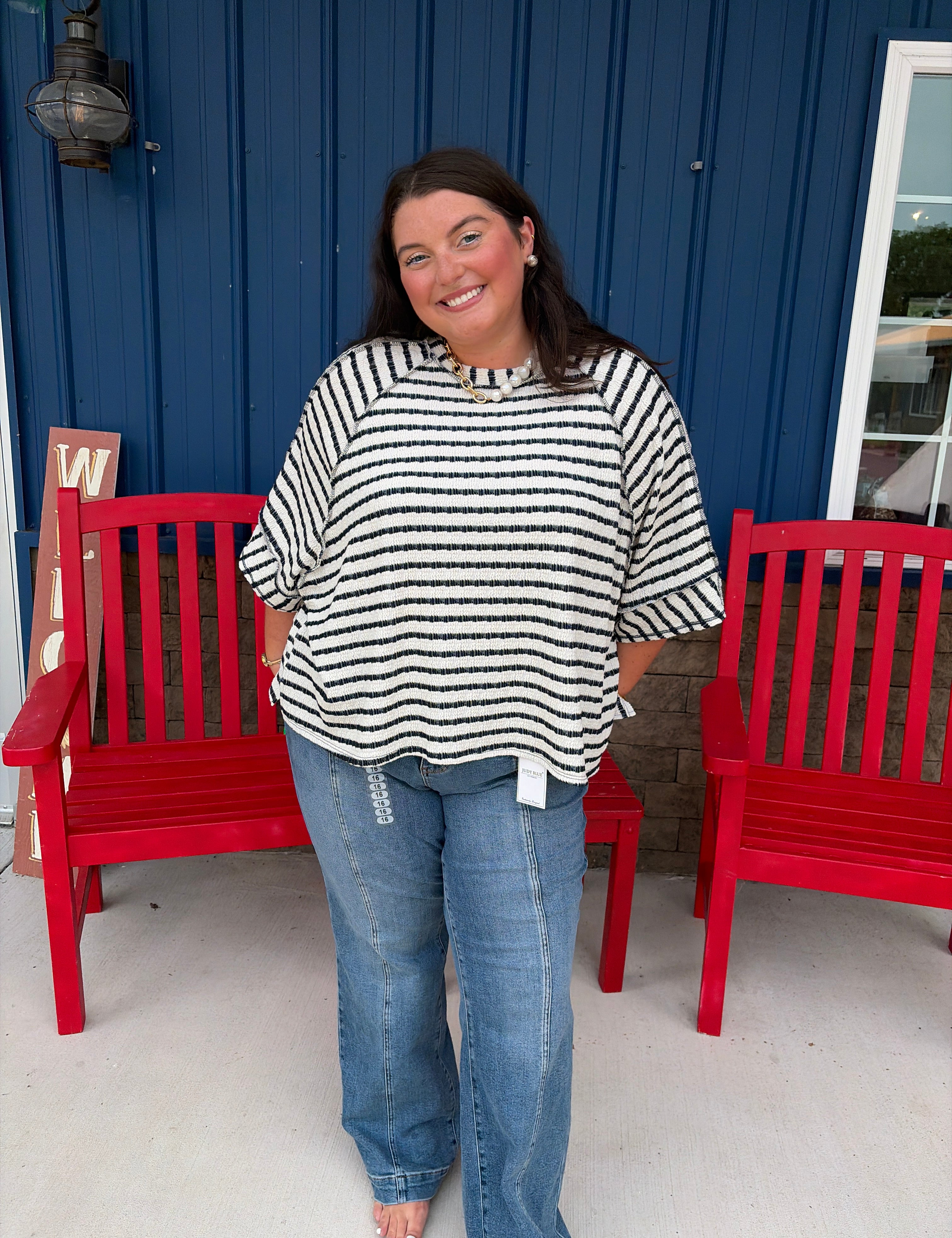 Raglan Sleeve Oversized Textured Stripe Top