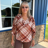 Plaid Ruffle Peasant Sleeve Top