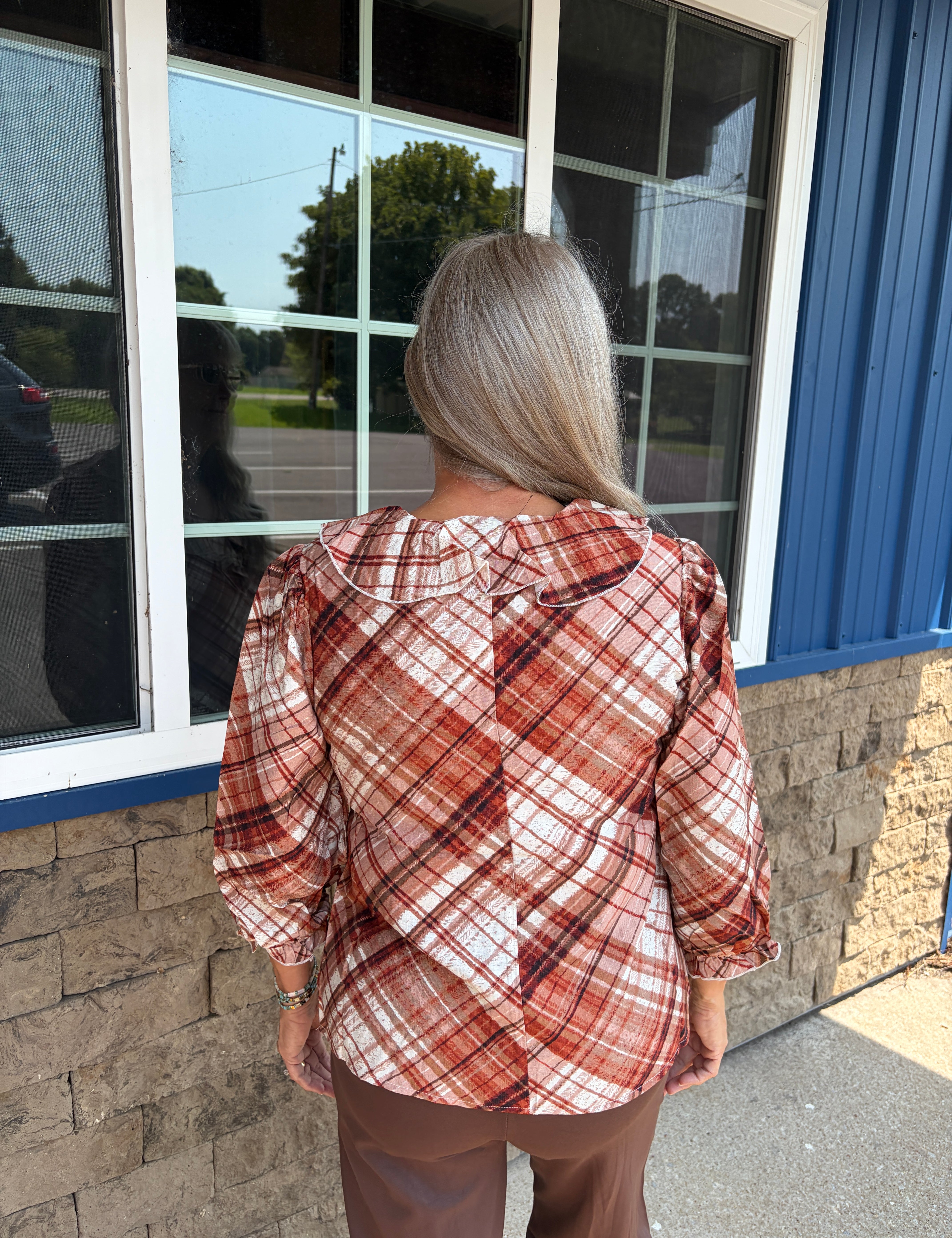 Plaid Ruffle Peasant Sleeve Top