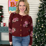 Wine Floral Crop Cardigan