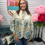 Open Weave Patchwork Button Down Top