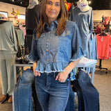Distressed Denim Crop Jacket With Ruffled Hem