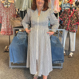 Cinched High Waist Stripe Midi Dress