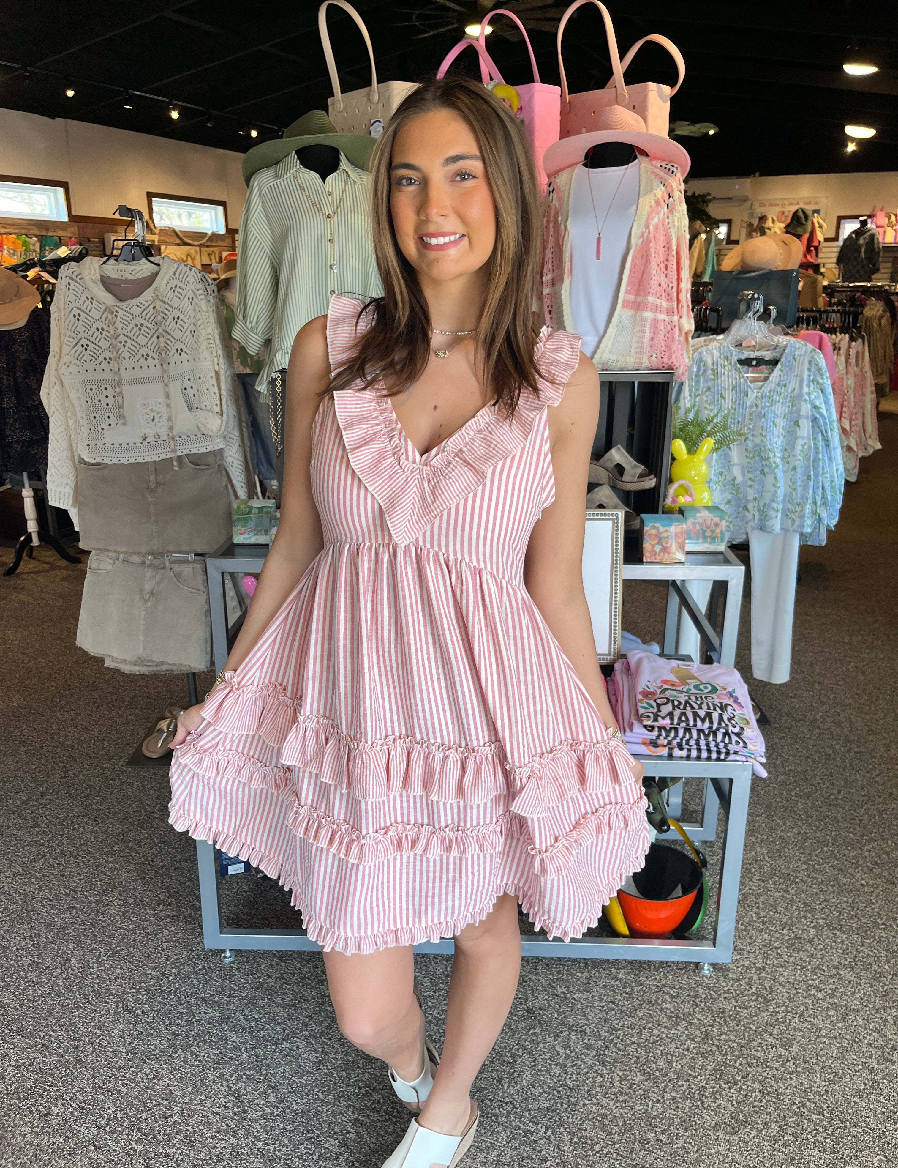 Stripped Linen Washed Ruffled Dress