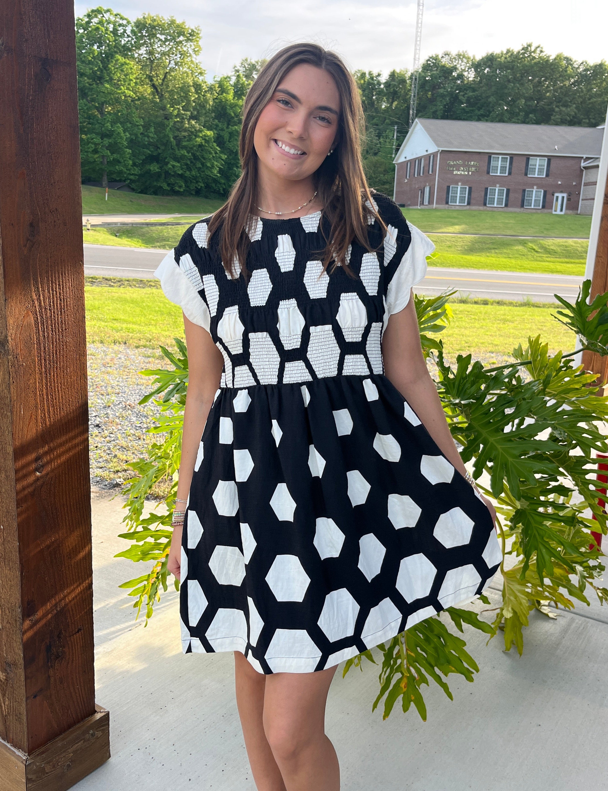 Geometric Smocked Yoke Mini Dress