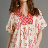 Mixed Print Red Boho Style Top