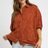 Jacquard Textured Leaf Button-Down Blouse
