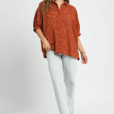 Jacquard Textured Leaf Button-Down Blouse