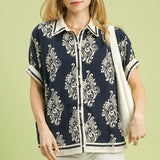 Abstract Print Button Front Blouse