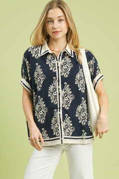 Abstract Print Button Front Blouse