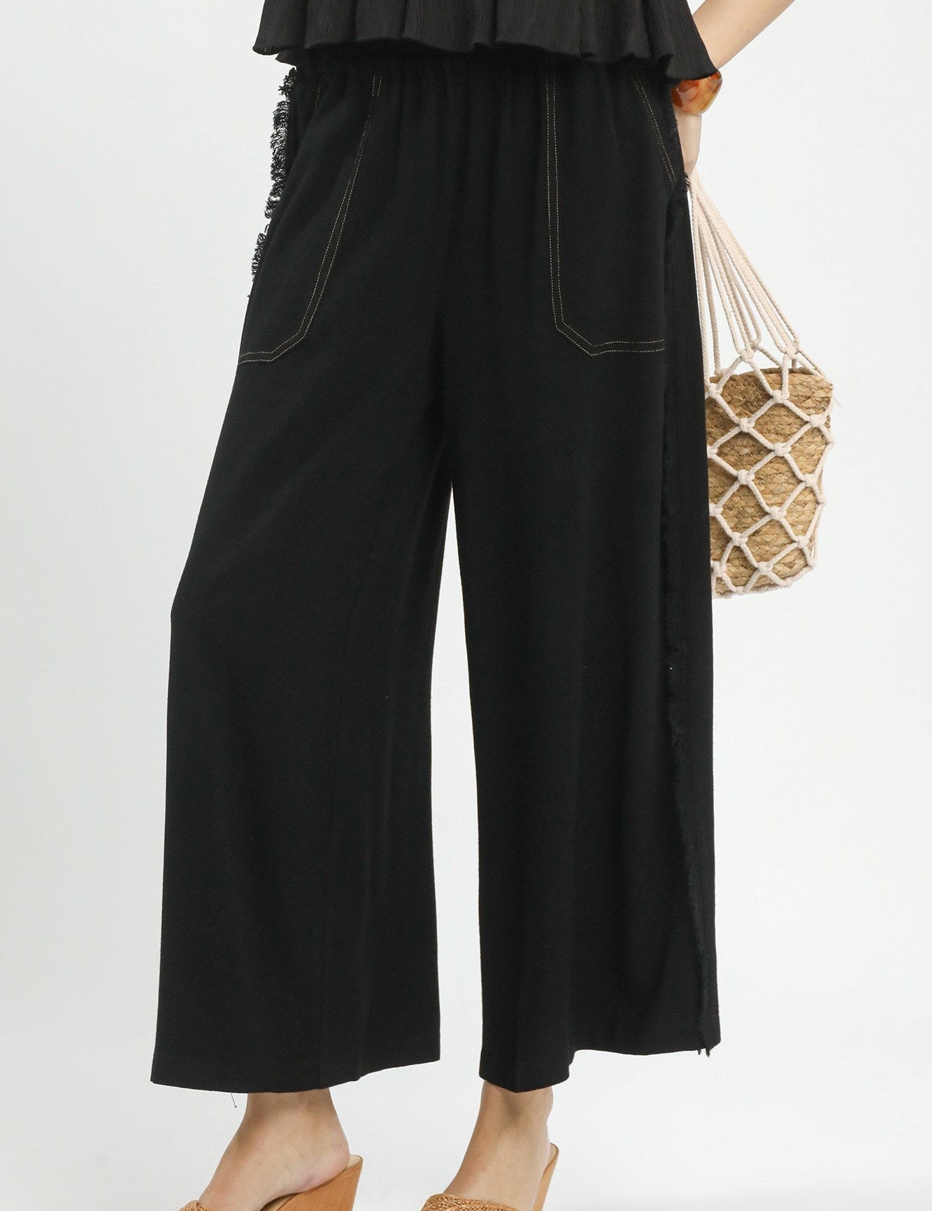 Linen Frayed Side Pocket Wide Leg Pants
