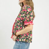 Floral Ruffle Trim Puff Sleeve Blouse