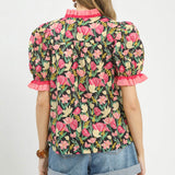 Floral Ruffle Trim Puff Sleeve Blouse