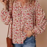 Floral Print Pleated Puff Sleeve Blouse