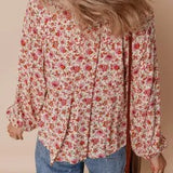 Floral Print Pleated Puff Sleeve Blouse