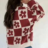 Red Flower Colorblock Sweater