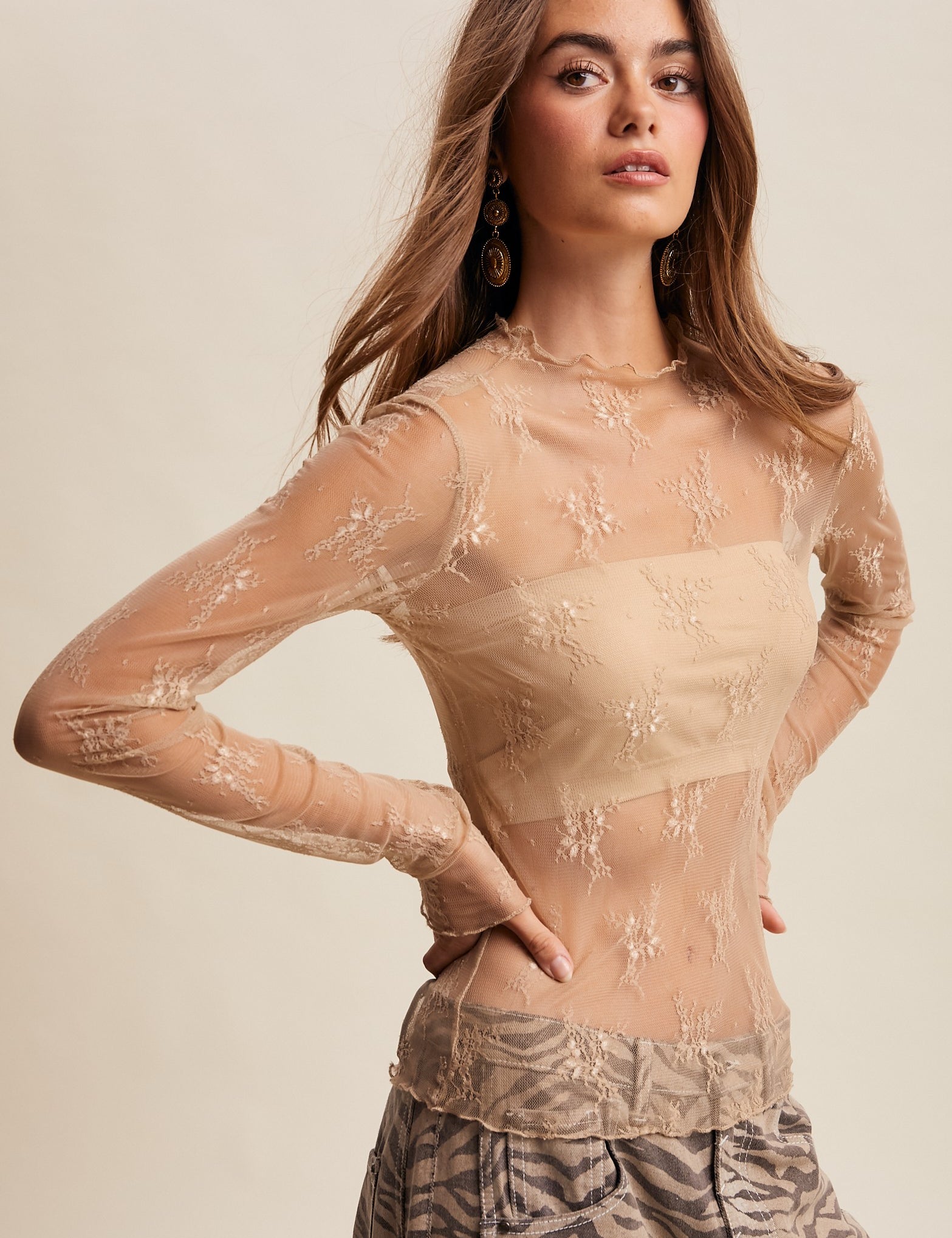 Sheer Lace Long-Sleeve Top