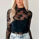 Black Lace Mesh Long Sleeve Top