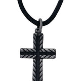 Textured Cross Pendant On Leather Cord Necklace