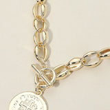 Cross Embossed Coin Charm Chunky Chain Toggle Necklace