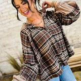 Plaid Waffle Knit Henley Hooded Top