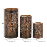 Bronze & Gold Metal Lantern With Tree Cutout - Set Of 3