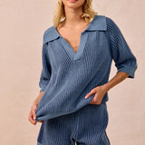 Ribbed Collared V Neck Short Set
